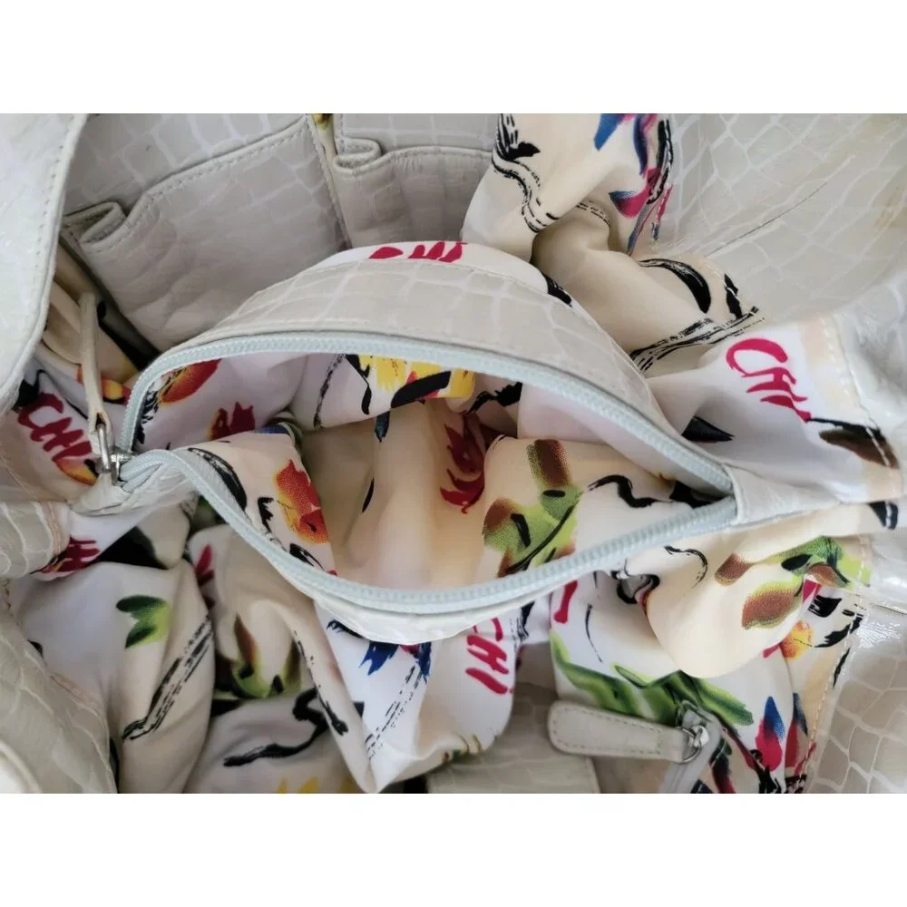 CHI By Carlos Falchi Croc Embossed Beige Leather Hobo Shoulder Bag w/ Dustbag - Picture 7 of 11